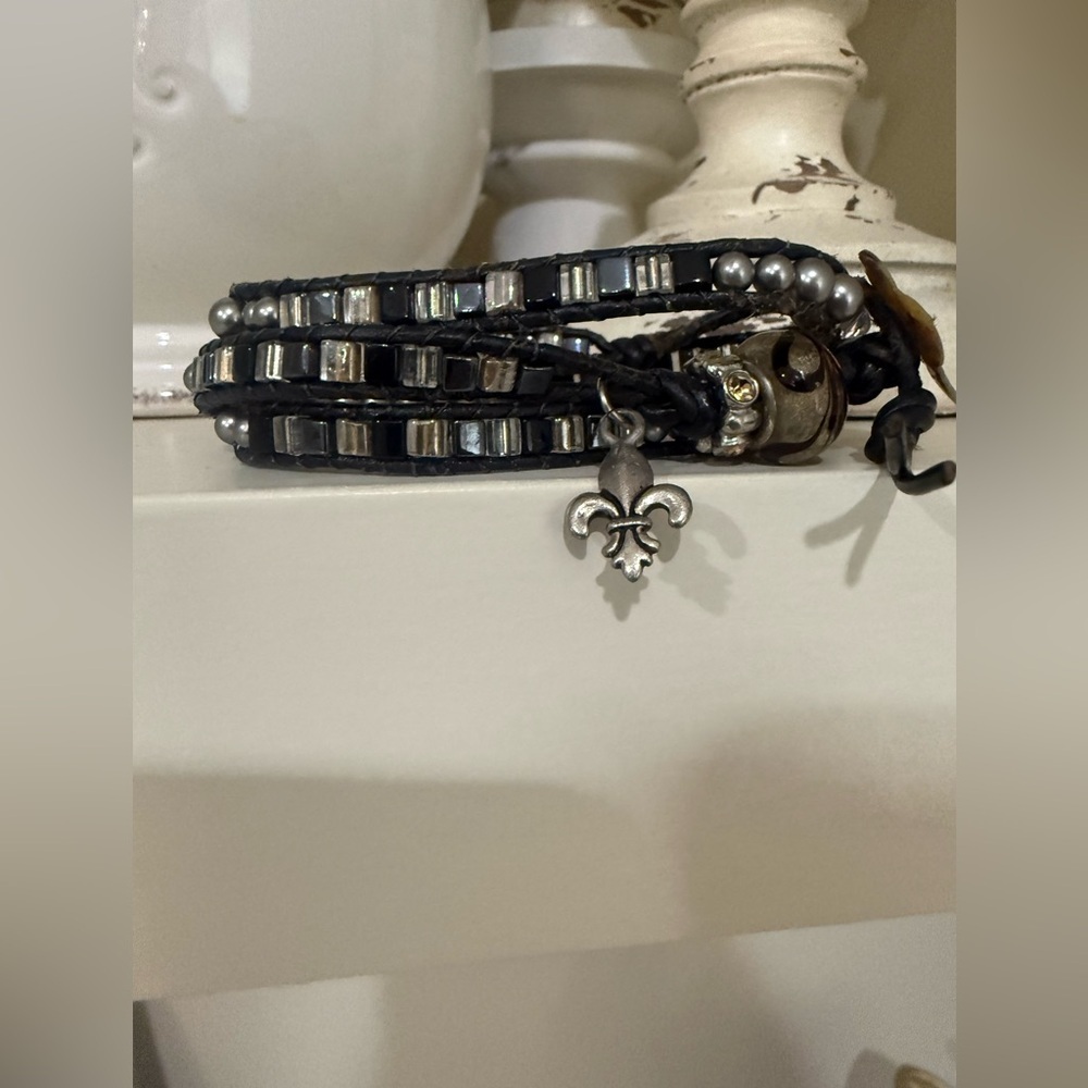 Long Wrap Around Beaded and Leather Bracelet with Charms
